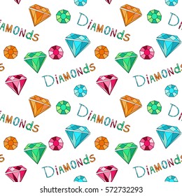 Seamless pattern of colorful hand drawn diamonds.