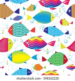 Seamless pattern of colorful hand drawn fishes vector illustration