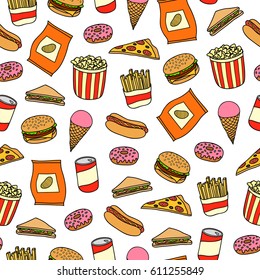 Seamless pattern with colorful hand drawn fast food meals.