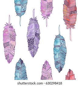 Seamless pattern with colorful hand drawn feathers.
