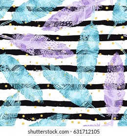 Seamless pattern with colorful hand drawn feathers. Textile, wrapping, wallpaper pattern. Boho and rustic design background.