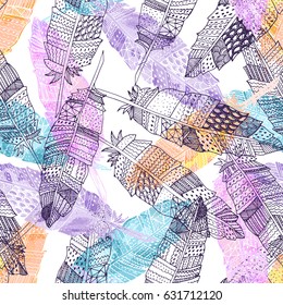 Seamless pattern with colorful hand drawn feathers. Textile, wrapping, wallpaper pattern. Boho and rustic design background.