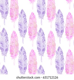 Seamless pattern with colorful hand drawn feathers. Textile, wrapping, wallpaper pattern. Boho and rustic design background.