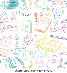 Seamless Pattern with Colorful Hand Drawn School Symbols. Vector Illustration.