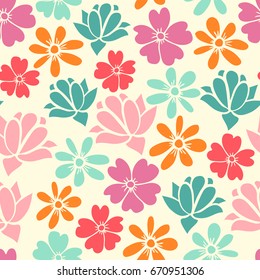 Seamless pattern with colorful hand drawn flowers, succulent. Floral ornament background. Vector illustration.