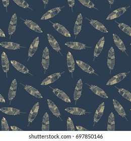 Seamless pattern with colorful hand drawn feathers. Textile, wrapping, wallpaper pattern. Boho and rustic design background.