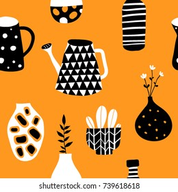 Seamless pattern with colorful hand drawn flower pots and vases. Doodle illustration. Background with cute scandinavian style elements. Interior, home decor. Vector. Isolated