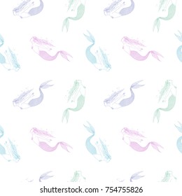Seamless pattern with colorful hand drawn mermaids on white background. Backdrop with fairytale or mythical character. Vector illustration in vintage style for wallpaper, fabric print, wrapping paper.