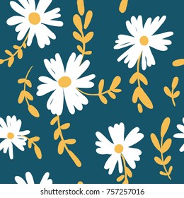 Seamless pattern with colorful hand drawn chamomile flowers. Modern and original textile, wrapping paper, wall art design. Vector illustration. Floral simple minimalistic graphic design