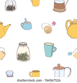 Seamless pattern with colorful hand drawn kitchen tools and ingredients for making and drinking tea on white background. Vector illustration for wallpaper, textile print, wrapping paper, backdrop.