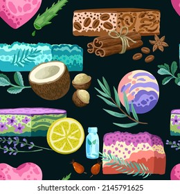 Seamless pattern with colorful hand made soap illustrations isolated on white background. 