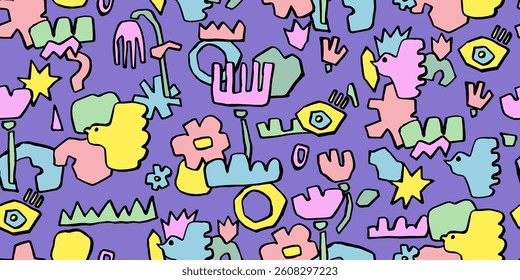 Seamless pattern with colorful hand painted various shapes, curls, forms, flowers, birds and doodle objects. Abstract modern minimalist trendy vector illustration. Endless hand drawn design.
