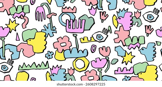 Seamless pattern with colorful hand painted various shapes, curls, forms, flowers, birds and doodle objects. Abstract modern minimalist trendy vector illustration. Endless hand drawn design.