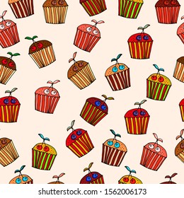 Seamless pattern with colorful hand-drawn cupcakes, isolated. Vector doodle.