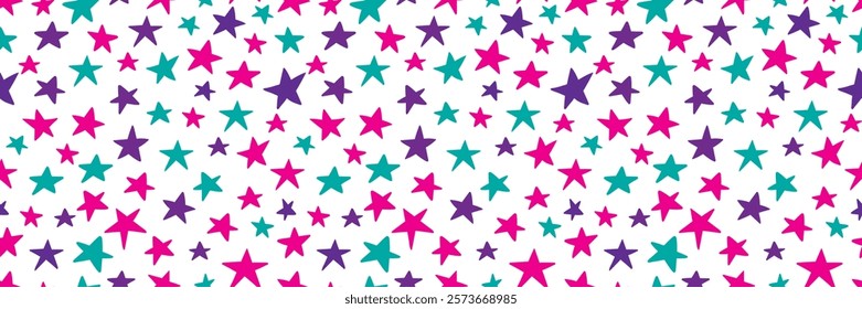 Seamless pattern with colorful hand-drawn doodle stars on a white background. Festive, fun design suitable for textiles, wrapping paper, backgrounds, and more.