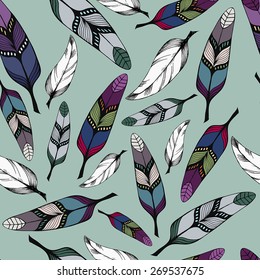 Seamless pattern with colorful hand-drawn feathers on mint blue background. Vector illustration for kids design eps8
