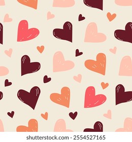 Seamless Pattern with Colorful Hand-Drawn Hearts on Light Brown Background