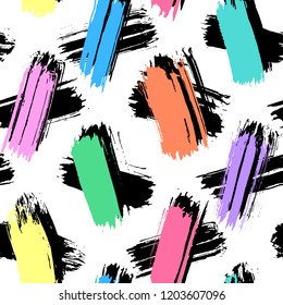 Seamless pattern with colorful hand-drawn ink brush strokes isolated on white background. Rough shapes vector backdrop. Doodle style abstract grunge texture.