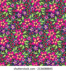 Seamless pattern with colorful hand-drawn meadow surface. Summer floral print with a mixture of various plants, flowers, leaves on a dark field. Liberty botanical background. Vector illustration.