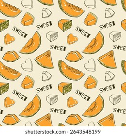 Seamless pattern with colorful hand-drawn melon illustrations in doodle line art style. Playful and artistic fruit design with bright summer colors. Ideal for fabric, packaging, wrapping paper