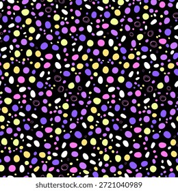 Modelo inconsútil con las Formas orgánicas dibujadas a mano coloridas y los círculos del doodle en fondo negro. Textura abstracta vibrante de los puntos y de los guijarros para la impresión textil, el papel de embalaje, el diseño de moda, y el Fondo de pantalla digital. Moderno fondo repetitivo juguetón en paleta de neón.