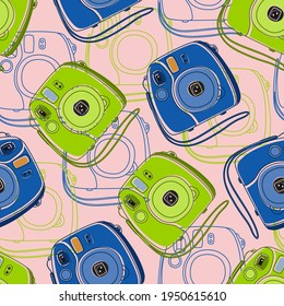 Seamless pattern with colorful handdrawn outline instant outline cameras. Vector illustration.