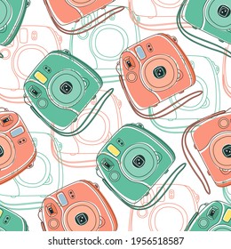 Seamless pattern with colorful handdrawn outline instant outline cameras. Vector illustration.