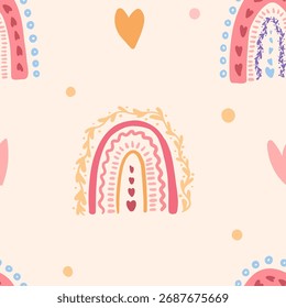 Seamless pattern with colorful hand-drawn rainbows and hearts. Cute boho vector background for kids, textile, wallpaper, wrapping paper, nursery decor, baby prints. Vector illustration.