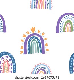 Seamless pattern with colorful hand-drawn rainbows and hearts. Cute boho vector background for kids, textile, wallpaper, wrapping paper, nursery decor, baby prints. Vector illustration.