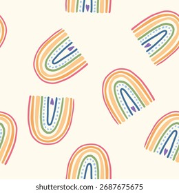 Nahtloses Muster mit bunten handgezeichneten Regenbogen und Herzen. Netter Boho-Vektorhintergrund für Kinder, Textil, Tapete, Umhüllungspapier, Kindergarten-Dekor, Babydrucke. Vektorgrafik.