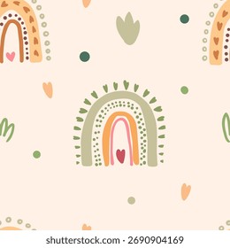 Padrão contínuo com arcos-íris coloridos desenhados à mão e corações. Fundo vetor boho bonito para crianças, têxteis, papel de parede, papel de embrulho, decoração de berçário, impressões de bebê. Ilustração vetorial.