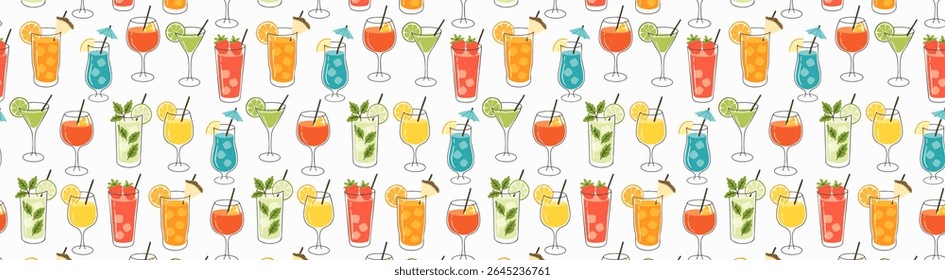Seamless pattern of colorful hand-drawn summer cocktails in different glasses, garnished with fruit, mint, and umbrellas.
