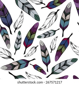 Seamless pattern with colorful hand-drawn tribal feathers on white background. Vector illustration eps8
