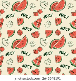Seamless pattern with colorful hand-drawn watermelon illustrations in doodle line art style. Playful and artistic fruit design with bright summer colors. Ideal for fabric, packaging, wrapping paper
