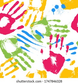Seamless pattern with colorful handprints. Vector illustration.