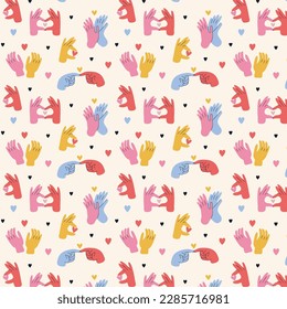 Seamless pattern of colorful Hands. Different gestures. Hands with hearts. Hand drawn Vector illustration.