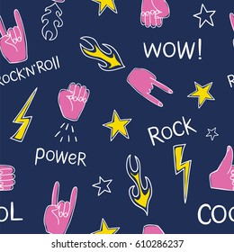 Seamless pattern with colorful hands showing cool rock and roll signs. Hand drawn background for your design.