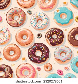 Seamless pattern of colorful and happy donuts vector illustration of joyful donuts