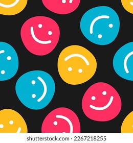 Seamless pattern with colorful happy face and black background