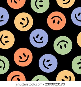Seamless pattern with colorful happy face and black backgorund