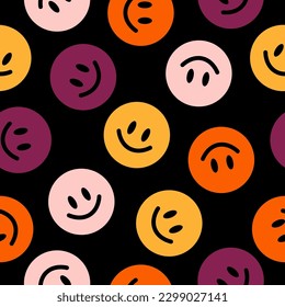 Seamless pattern with colorful happy faces and black background