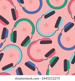Seamless pattern with colorful headsets, equipment for gaming, listening music, hand drawn vector illustration