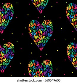 Seamless pattern with colorful heart  on black background.