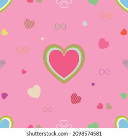 Patrón sin brillo con forma de corazón colorida sobre fondo rosado.Ilustración vectorial.