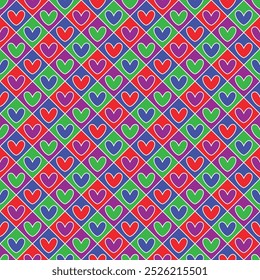 Seamless pattern of colorful heart shapes with white outline