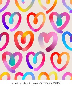 Seamless pattern of colorful heart shapes in gradient. Vector seamless love icons pattern. Thickness is easily edited. Template squiggly heart vector illustrations for Valentine's Day.