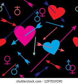 Seamless pattern with colorful hearts and arrows on black background. Vector illustration