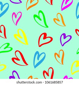 Seamless pattern with colorful hearts. Hearts by brush pen on mint background. Decorative pattern for banners, flayers, cards, posters, invitation on weddings. Vector ornament for wrapping paper.
