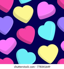 Seamless pattern with colorful hearts dark background.