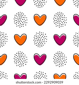 Seamless pattern with colorful hearts and dots